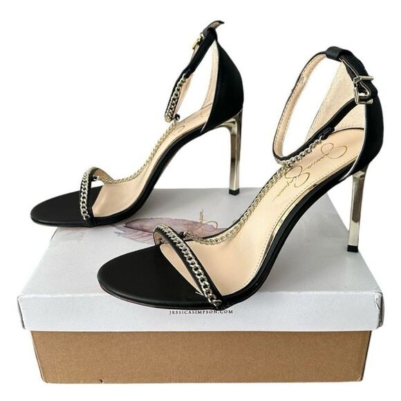 Jessica Simpson Black Chain Strap Heels Italia Napa Style JS - QIVEN Women’s 8.5 - Picture 3 of 11
